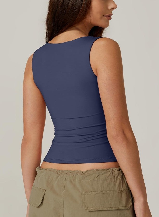 QINSEN Women's Square Neck Sleeveless Double-Layer Tank Tops Basic Tight T Shirts Navy Blue M - Image 4